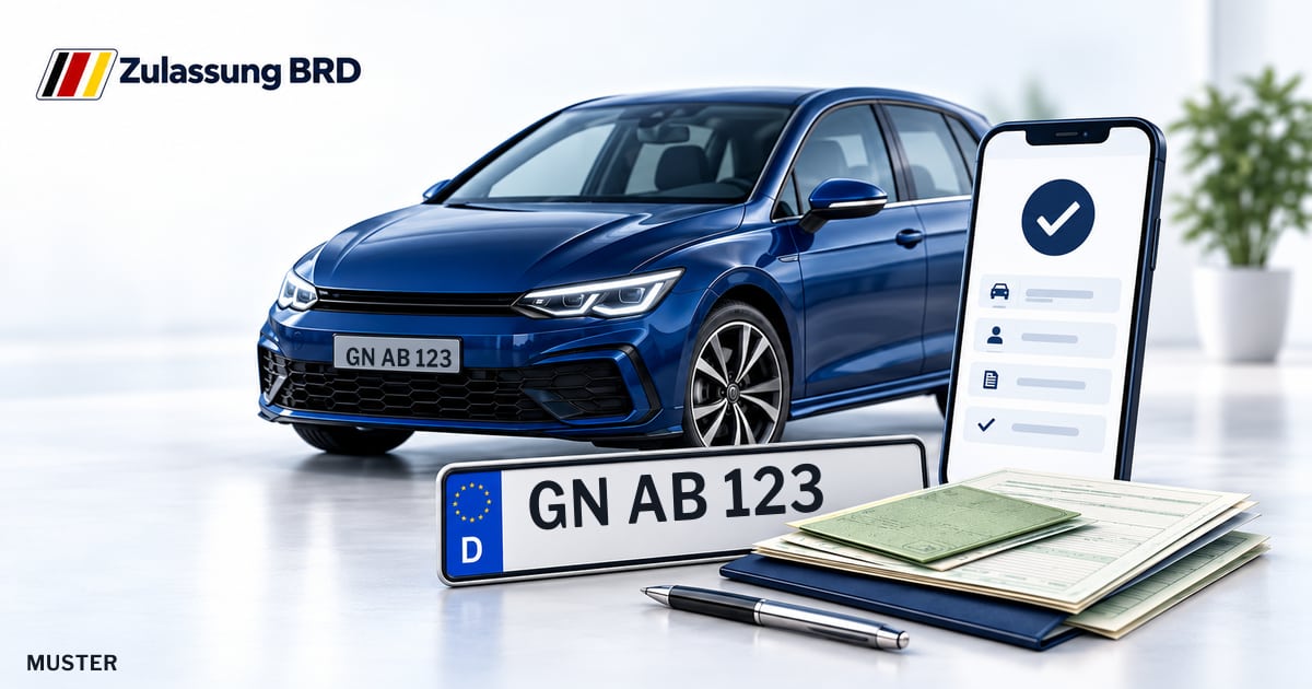 Online Fahrzeugzulassung in Birstein: Musterkennzeichen GN AB 123, Auto und Fahrzeugpapiere und Smartphone. Illustration mit Logo von Zulassung BRD.